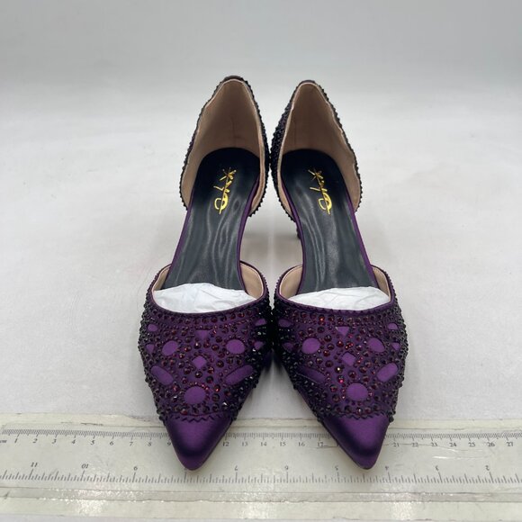 XYD Dark Purple Pointed Toe D'Orsay Kitten Heel Rhinestone Studs Slip-On Shoes - Picture 3 of 8